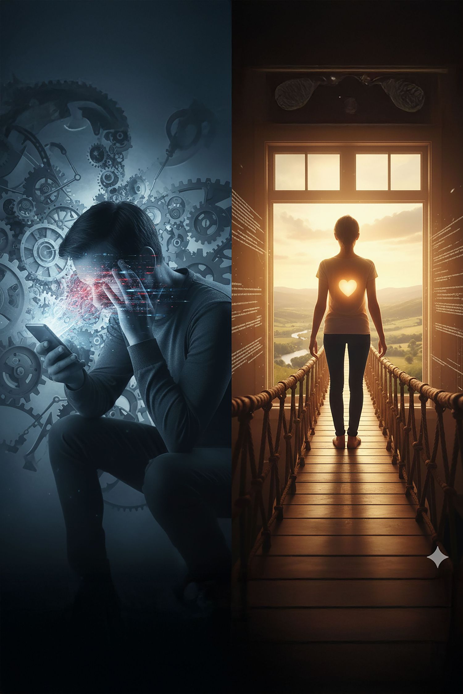 A series of moody silhouettes against glowing doorways and mystical backgrounds create a dreamlike spiritual sequence.