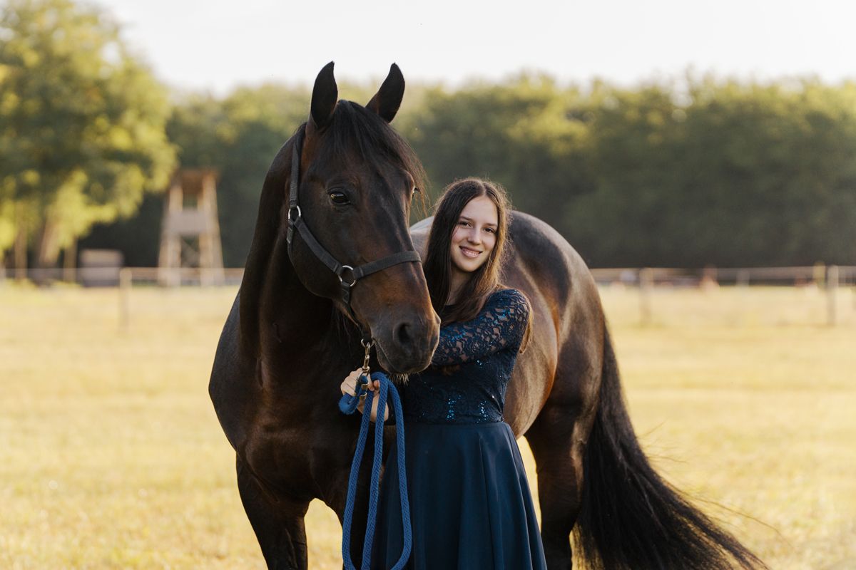 A dark brown horse a girl share a tender moment in a sunlit pasture with golden grass during a photoshoot in sydney