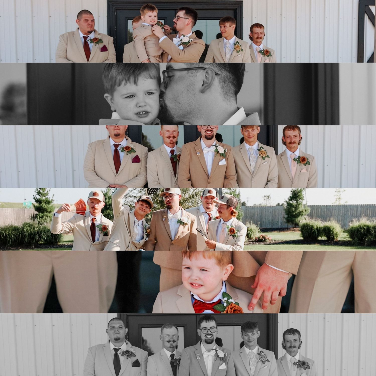 Wedding party in khaki suits posing together outdoors in a fun, candid style with various playful expressions.