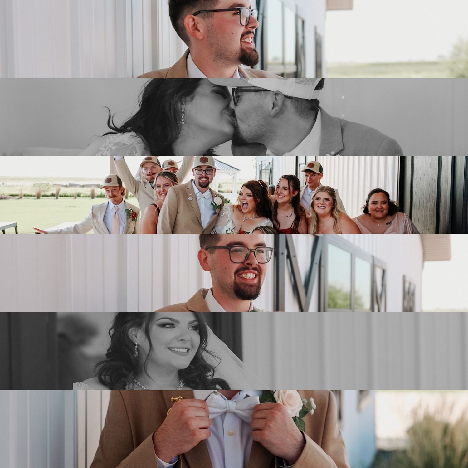 A series of candid wedding photos showing joyful moments between couples and guests during an outdoor celebration.