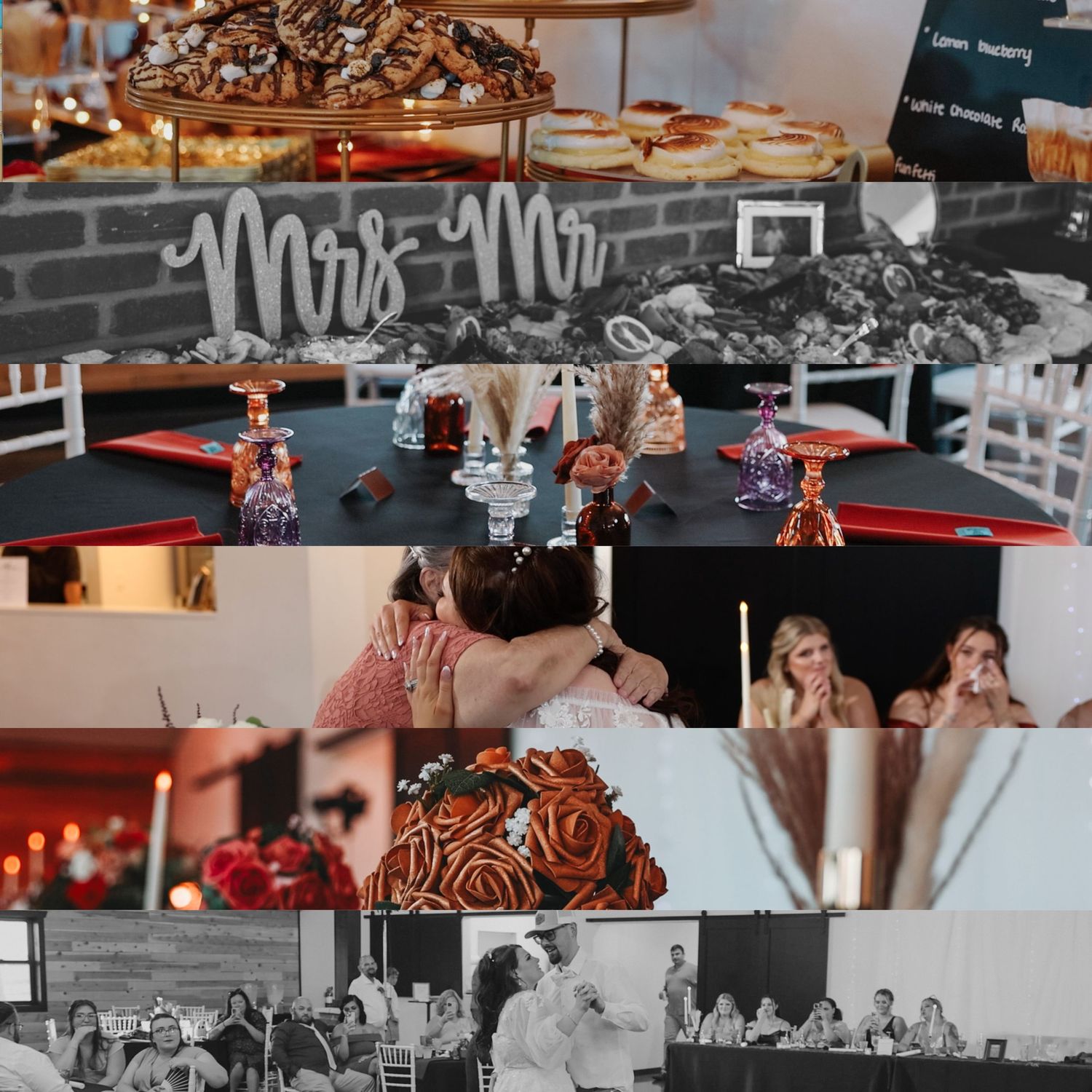 Wedding reception venue decorated with elegant table settings and ambient lighting.