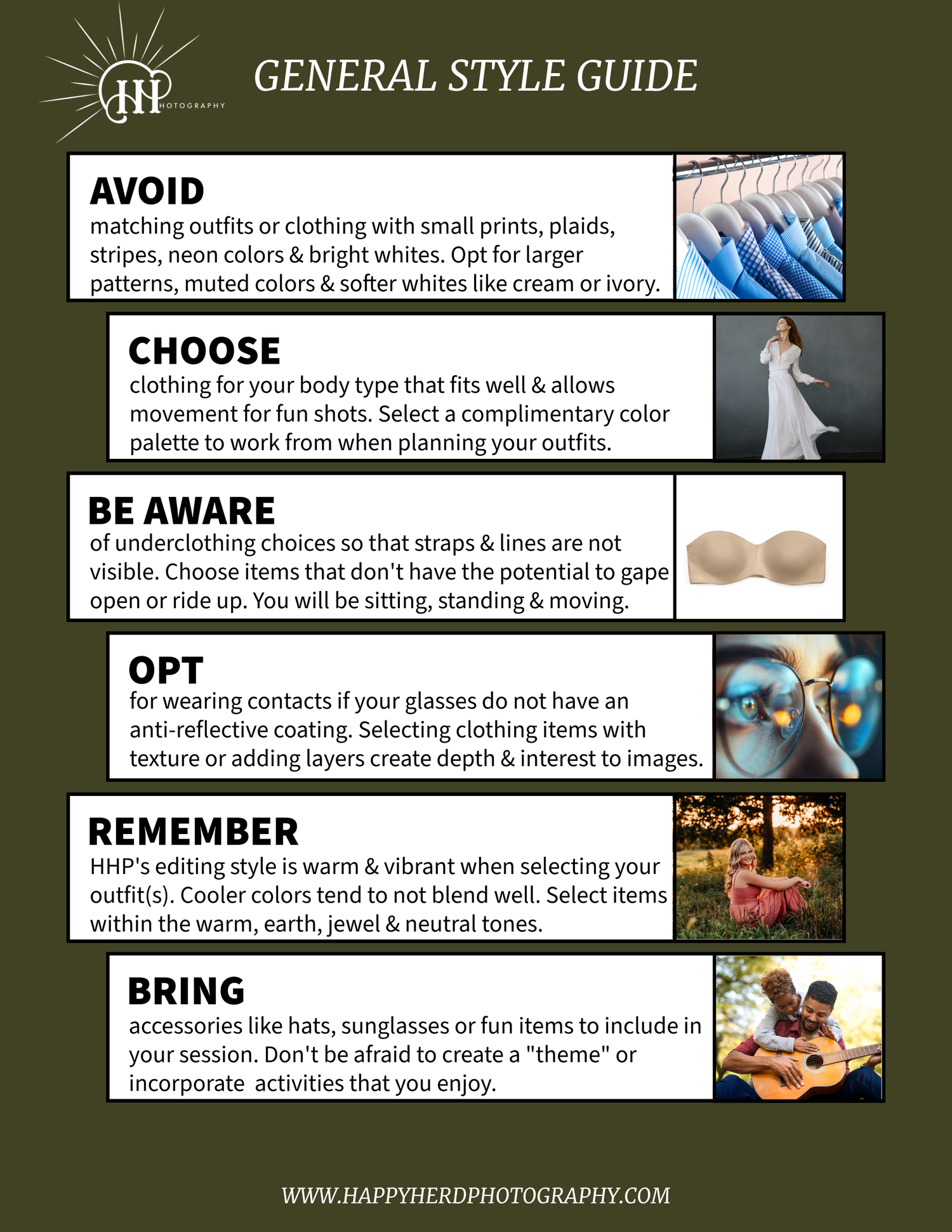 Photography style guide infographic showing tips for clothing choices and lighting with visual examples in a green layout.