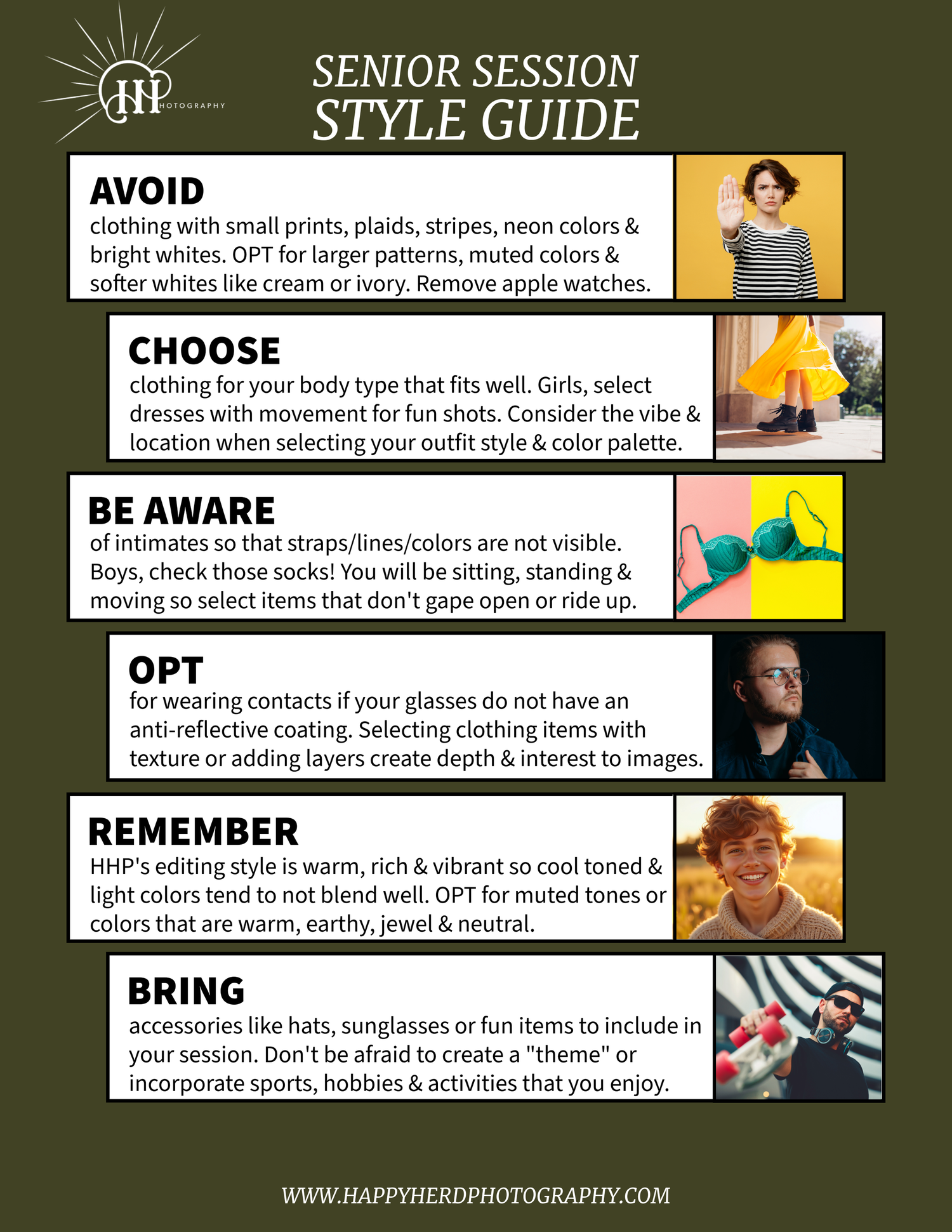 A style guide infographic for senior photo sessions showing tips and recommendations for clothing and accessories.
