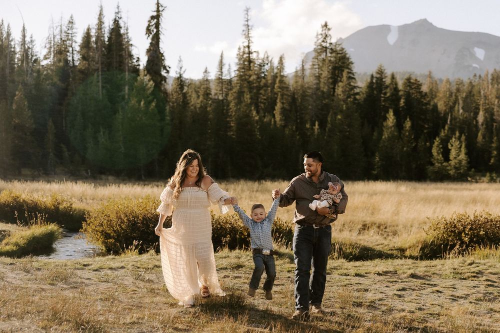 A series of mountain landscape photos showing people walking through scenic wilderness areas at sunset.
