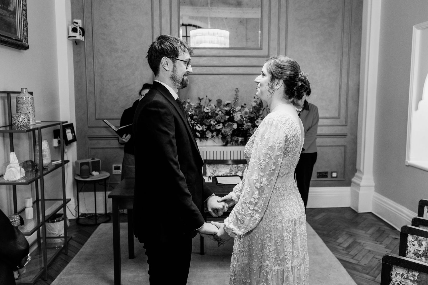 A series of vintage black and white wedding photographs showing couples in formal attire during their ceremony.