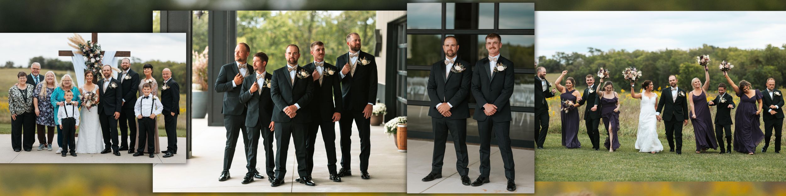 A collage strip showing multiple outdoor group photos of people gathered for formal events and celebrations.