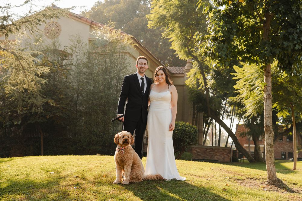 Bride and groom with their dog Rory during their Pasadena wedding portraits