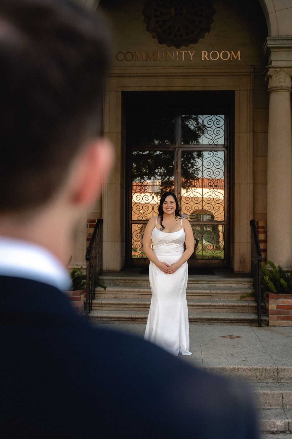 Groom looking at his bride during their Pasadena wedding portrait session