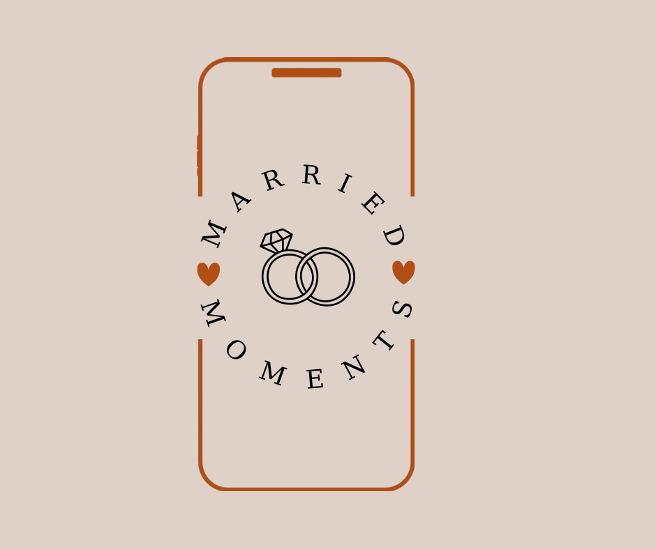 Minimalist phone screen design with 'Married Moments' text curved around interlocking rings and small heart icons.