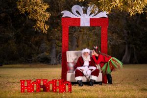 Festive outdoor scene with red present frame and holiday decorations.