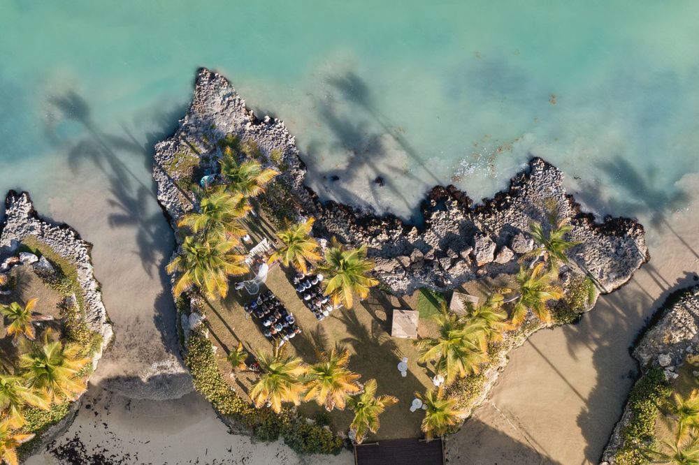Aerial view of palm trees and beachfront properties along a tropical coastline with turquoise waters and sandy shores.