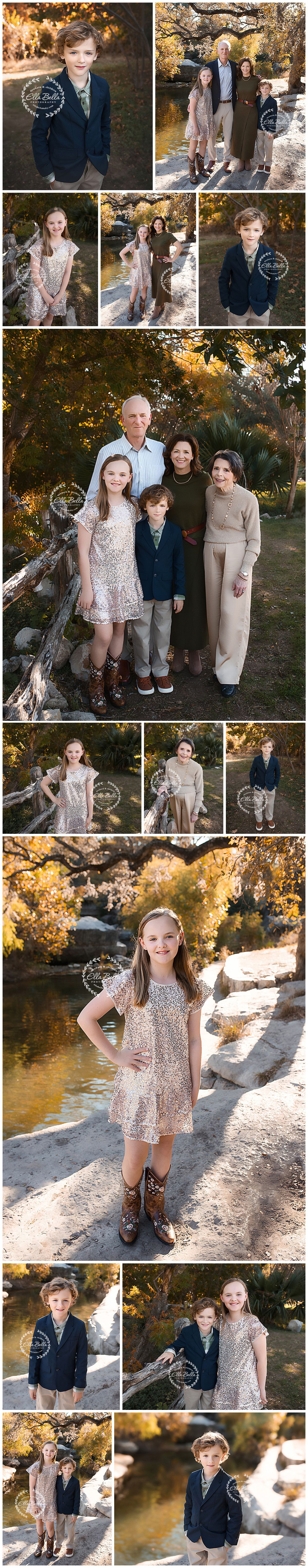 A collection of outdoor family portraits taken in autumn with golden foliage and natural lighting by a waterfront.