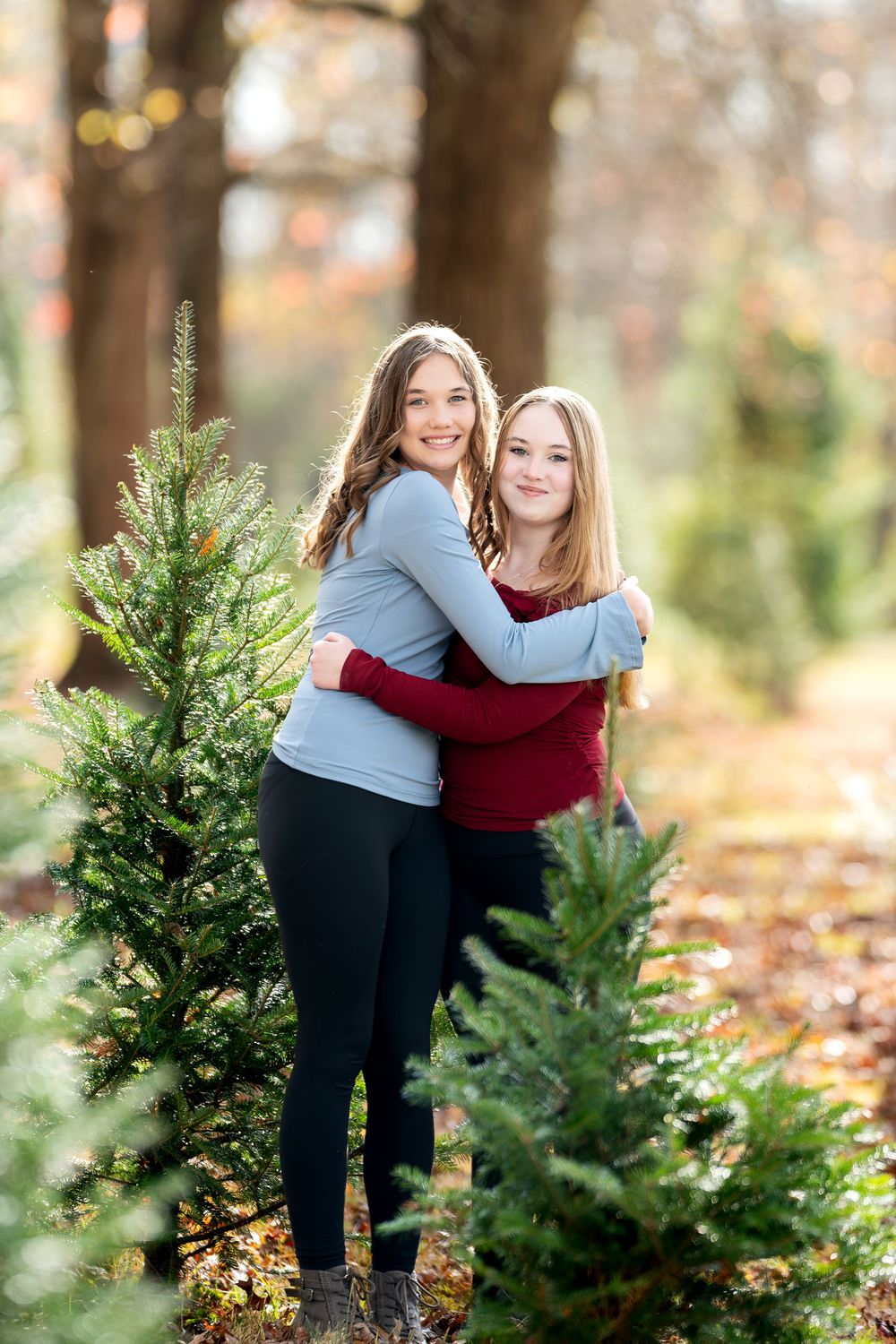Two teenage girls hugging and smiling between green Christmas trees in a sunny fall outdoor setting.