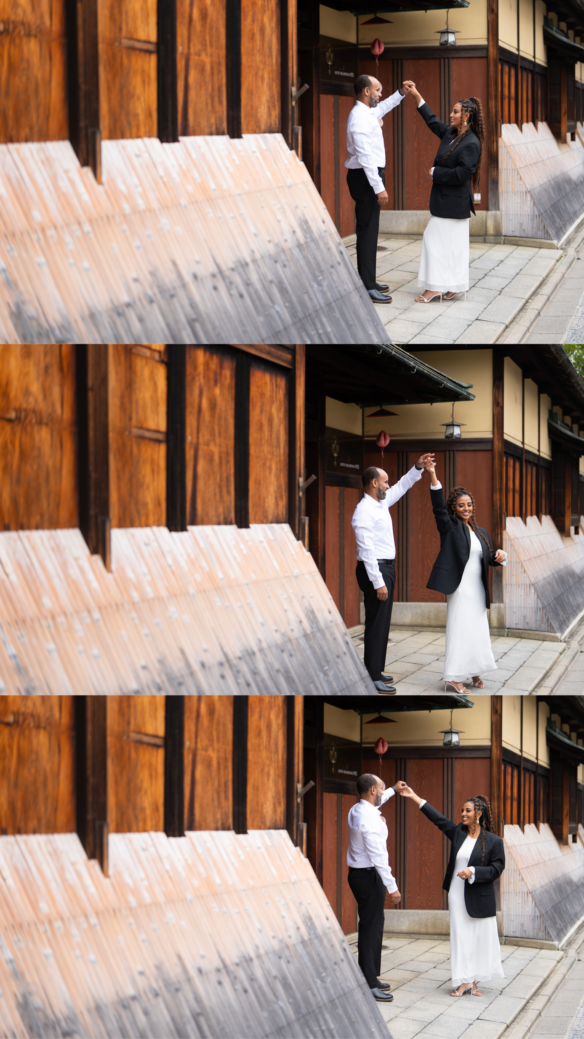Three-photo collage of couple dancing playfully outside traditional wooden building in Kyoto, Japan.