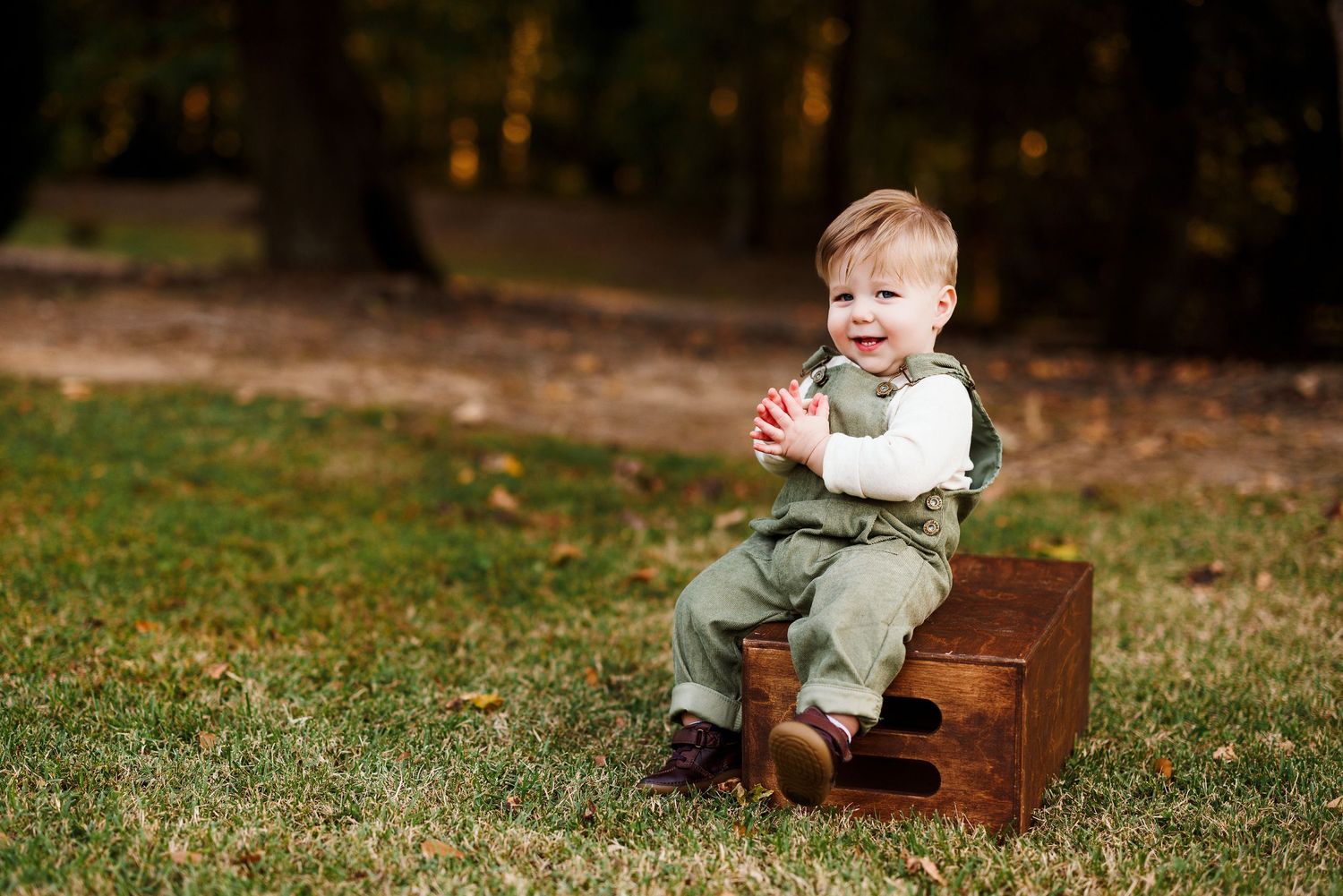 A young child sits on a wooden step stool outdoors in the grass on a sunny autumn day.