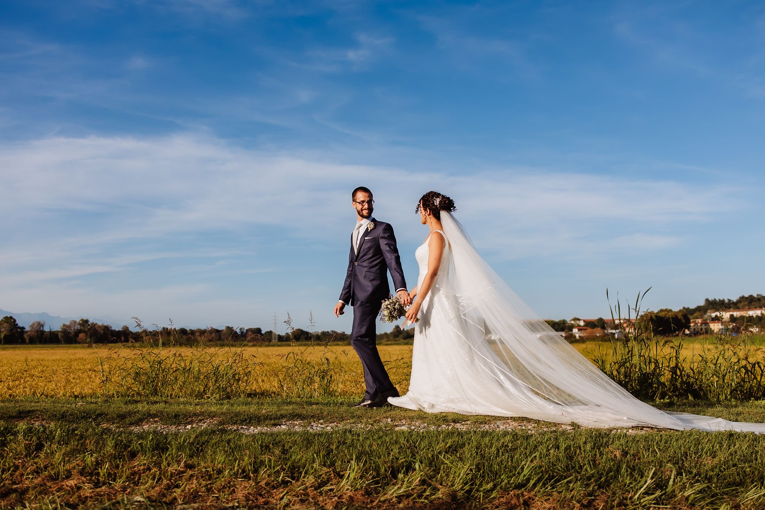 A wedding couple walks through a golden wheat field on a sunny day with blue skies above.