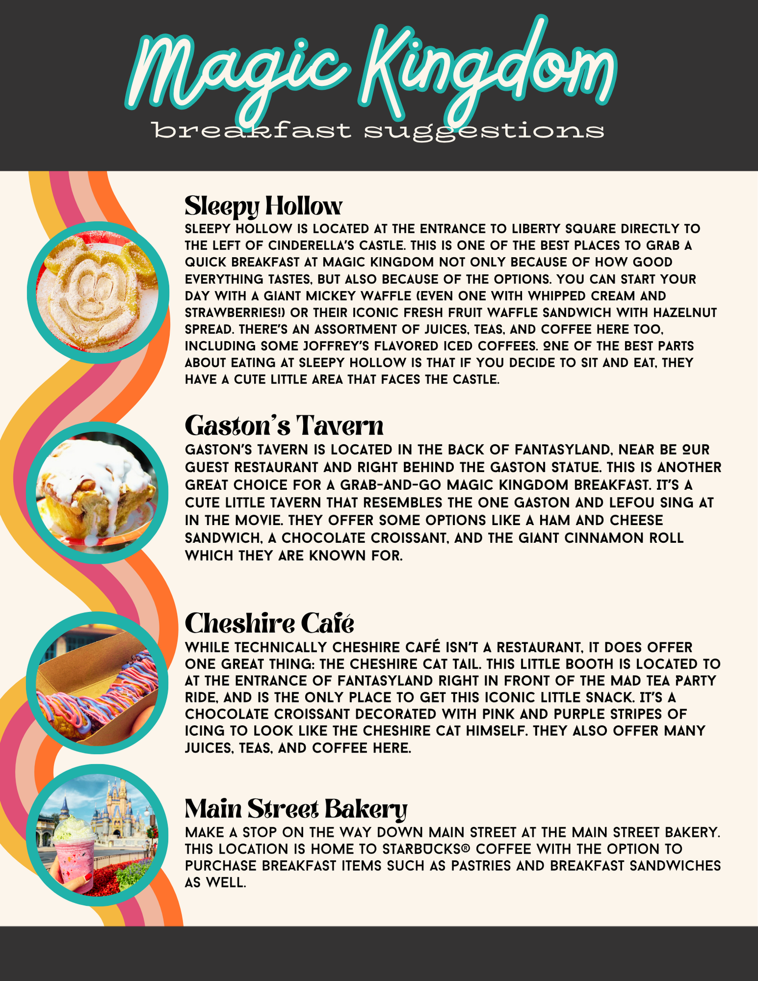 A colorful theme park menu featuring Magic Kingdom breakfast suggestions with swirling rainbow design elements and cartoon food icons.