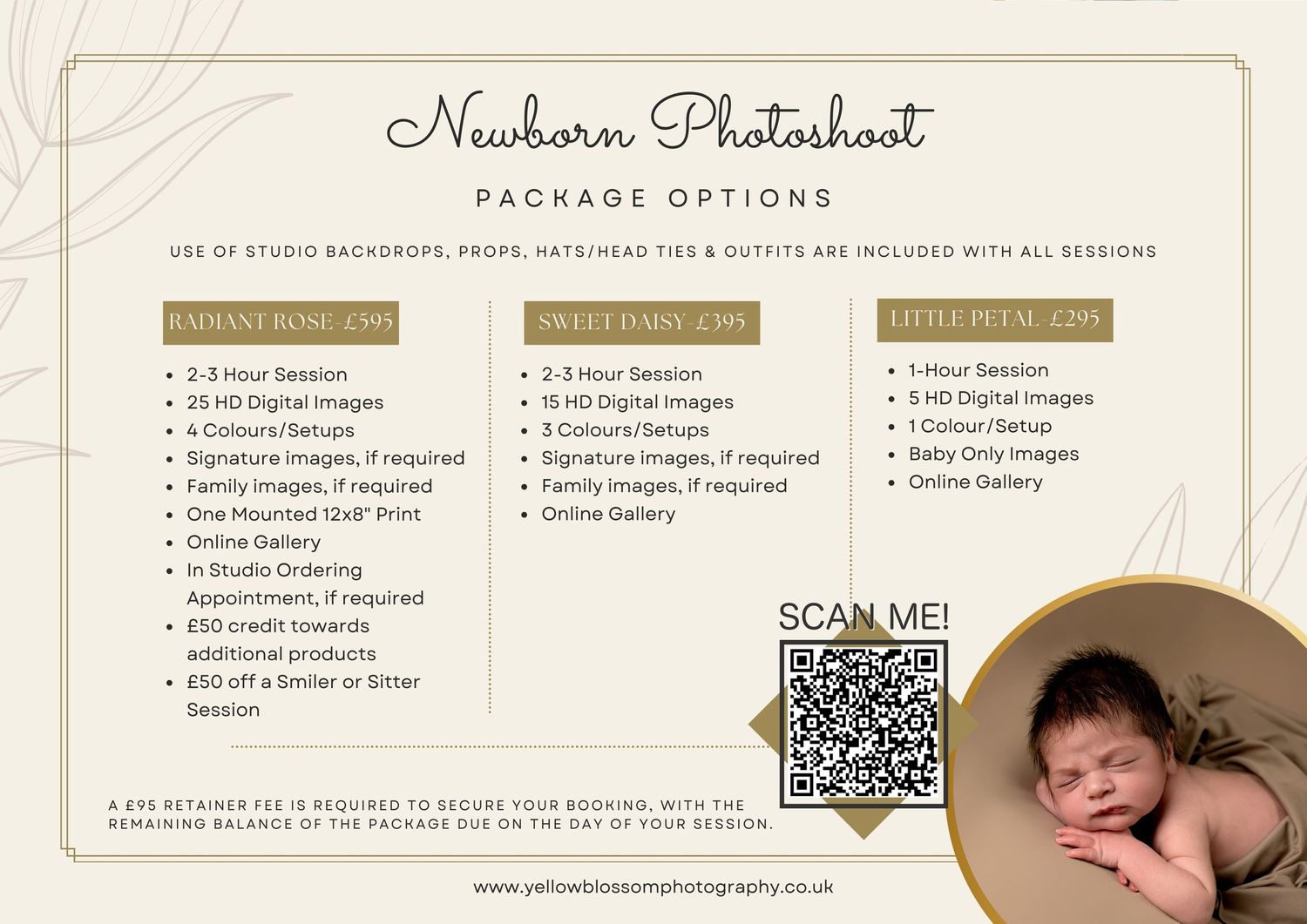 Newborn photography pricing guide with package options and QR code displayed on beige textured background.