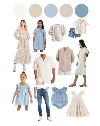A collection of summer fashion clothing featuring dresses, shirts, and denim in soft neutral and blue tones.