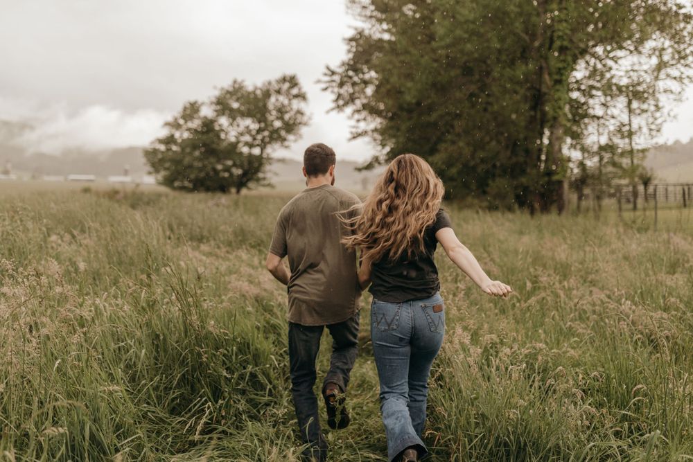 A couple walks hand in hand through a misty meadow towards trees in the distance.