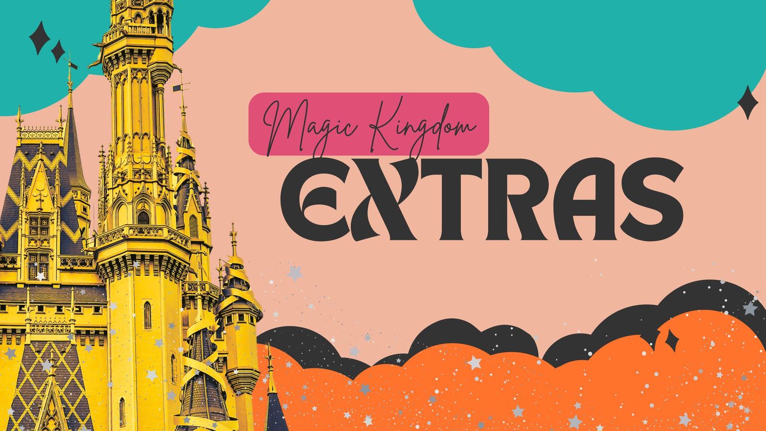Retro-style Disney park attraction posters featuring Magic Kingdom rides and shows in vibrant pink and turquoise colors.