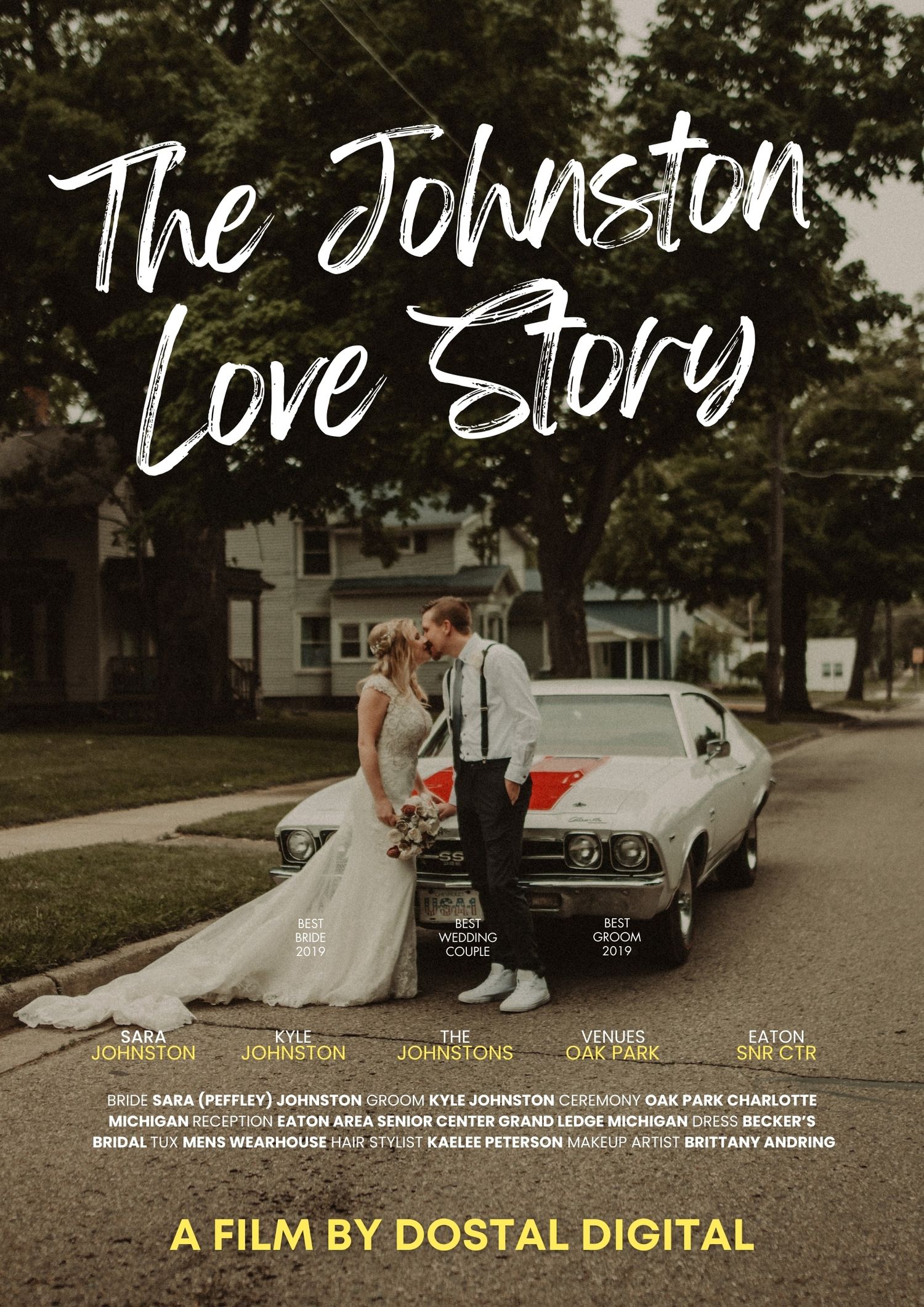 A vintage car features prominently in this moody romantic movie poster titled 'The Johnston Love Story' with a classic retro design.