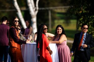 Wedding guests socializing outdoors on a sunny day at a garden reception.