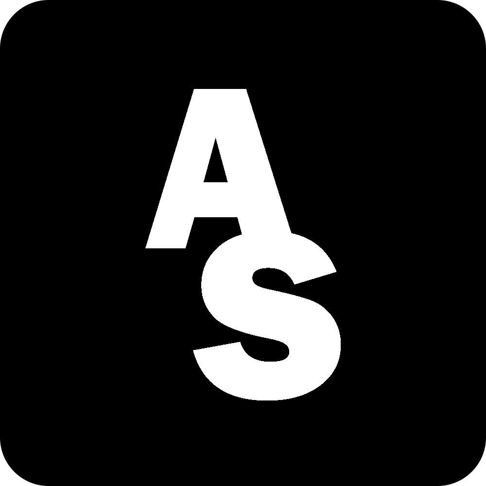 White letters 'AS' in bold typography against a black circular background.