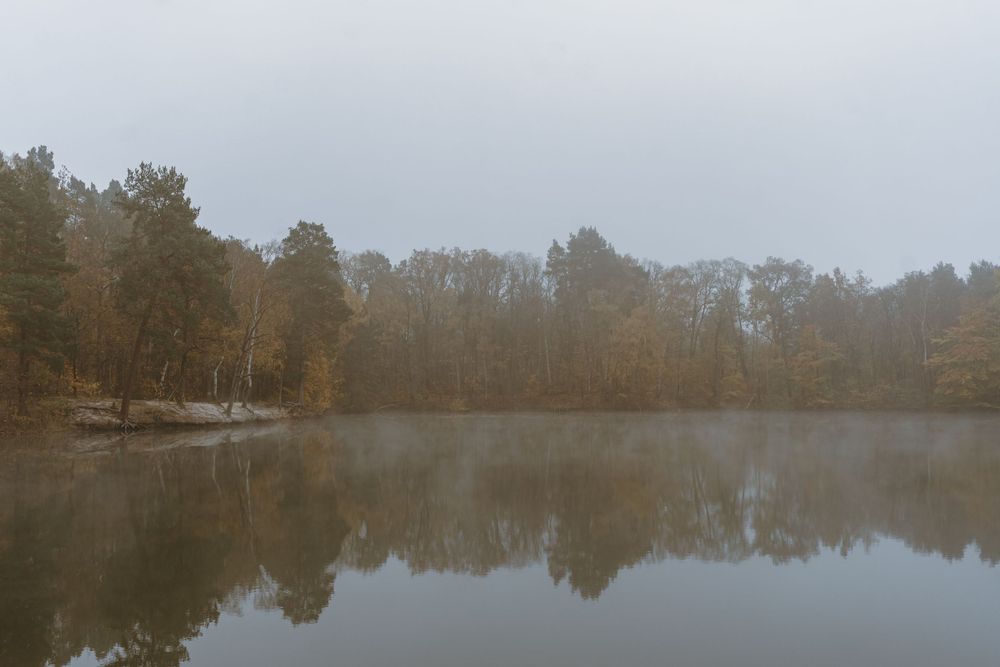 A misty lake surrounded by autumn trees reflects the cloudy sky above.