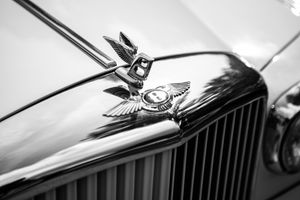 Close-up details of classic Bentley car hood ornaments and emblems in black and white.