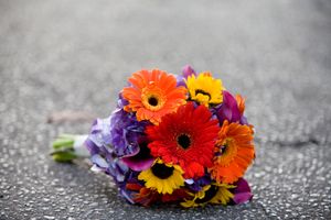 Colorful bouquet of gerbera daisies and purple flowers laid on textured concrete surface in sequential arrangement.