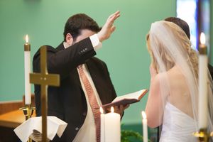 A collection of candid wedding ceremony moments showing a couple exchanging vows at the altar.