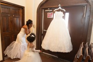 A series of wedding dress preparation shots showing elegant white gowns in a wood-paneled dressing room.