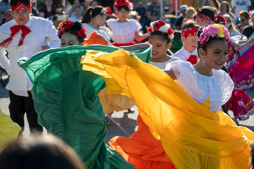 Crowd waves colorful green and yellow flags during festive outdoor celebration.