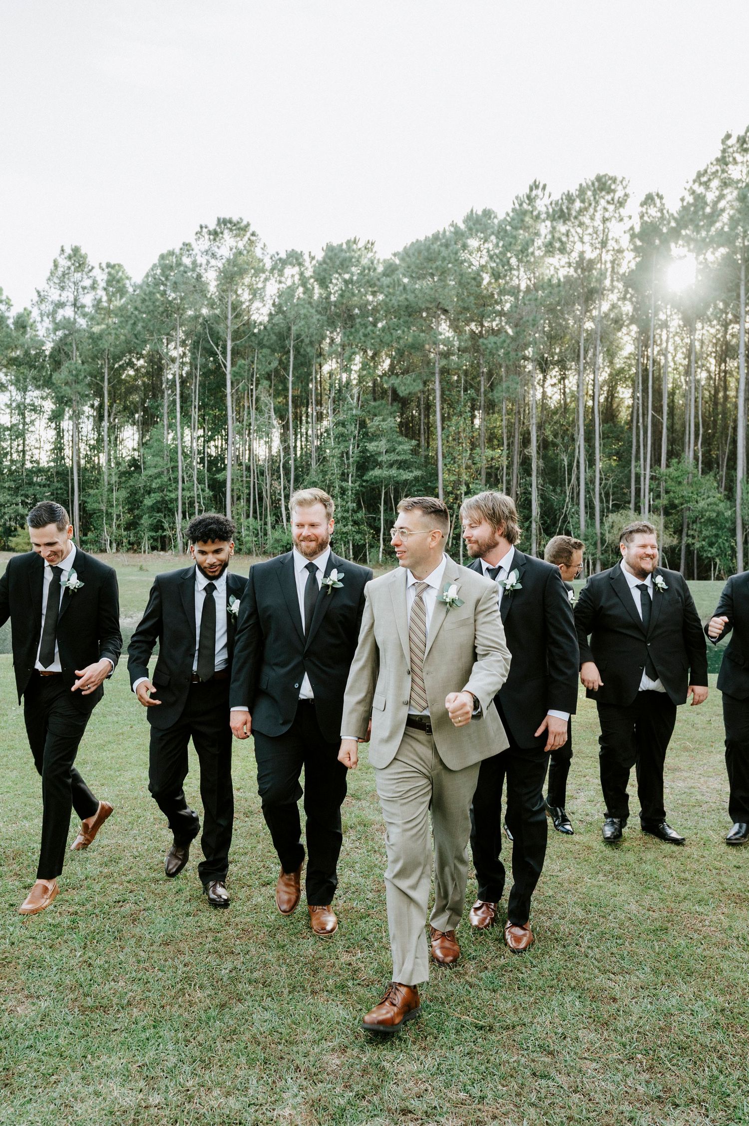 A wedding party in formal attire walking together across a grassy field with pine trees in the background.