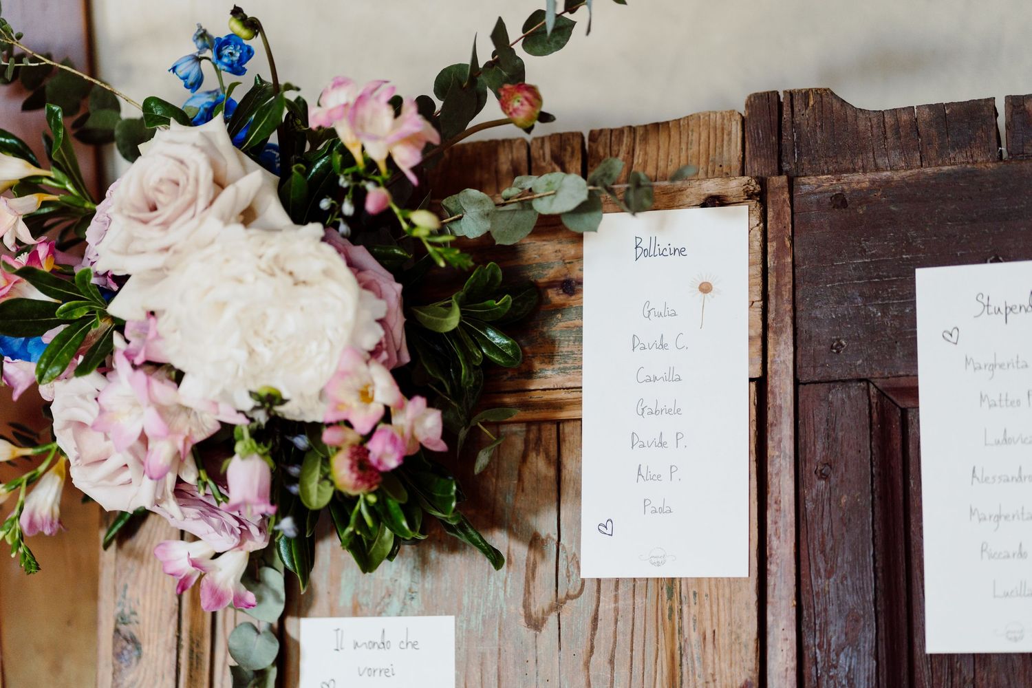 Elegant wedding seating chart displayed on rustic wooden doors with white peony floral arrangement.