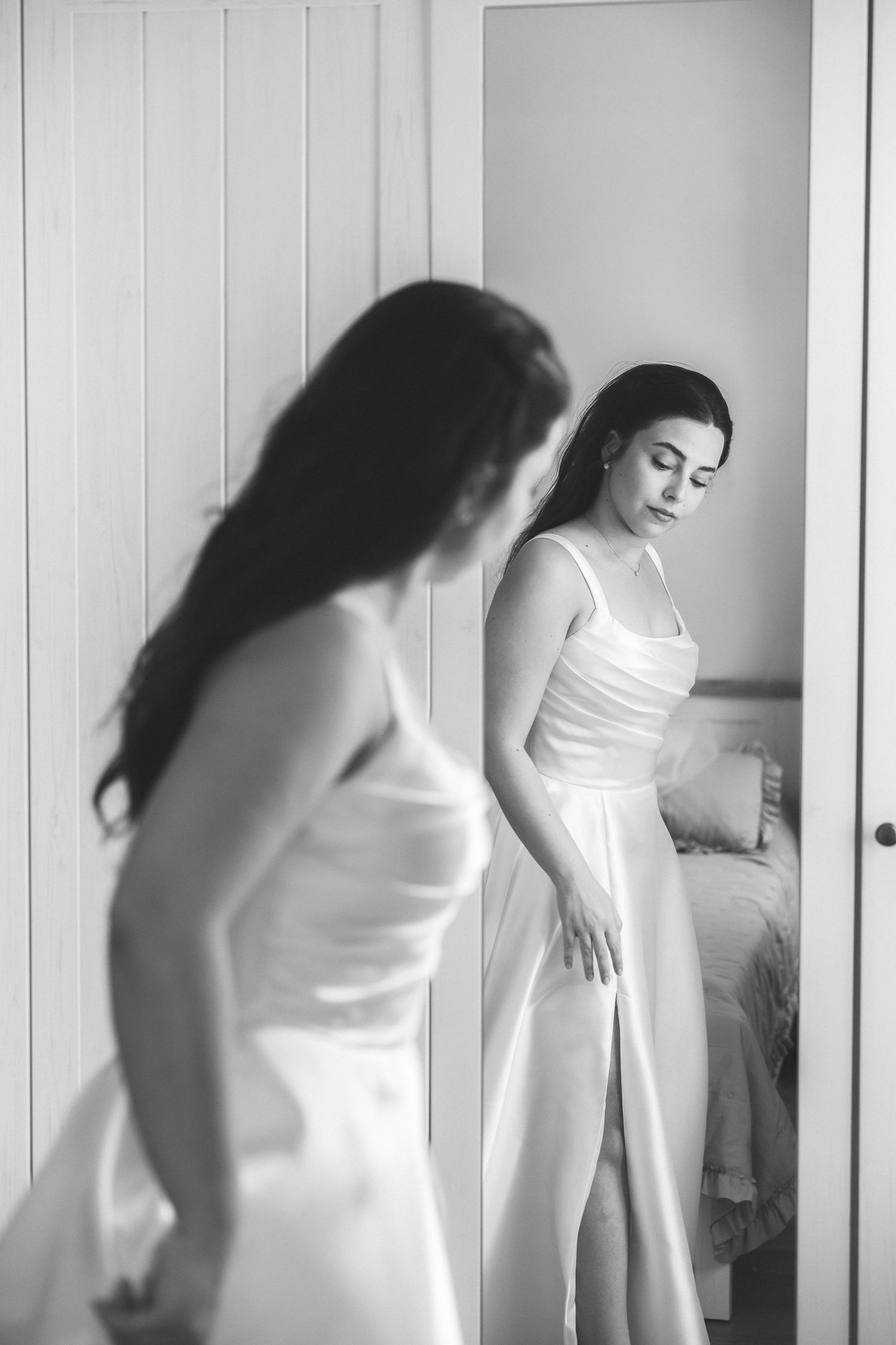 Black and white bridal portrait by window in Portugal wedding