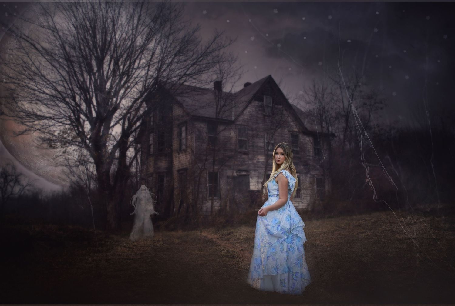 Ethereal photoshoot in a misty field at dusk featuring a flowing blue ballgown dress against a moody sky.