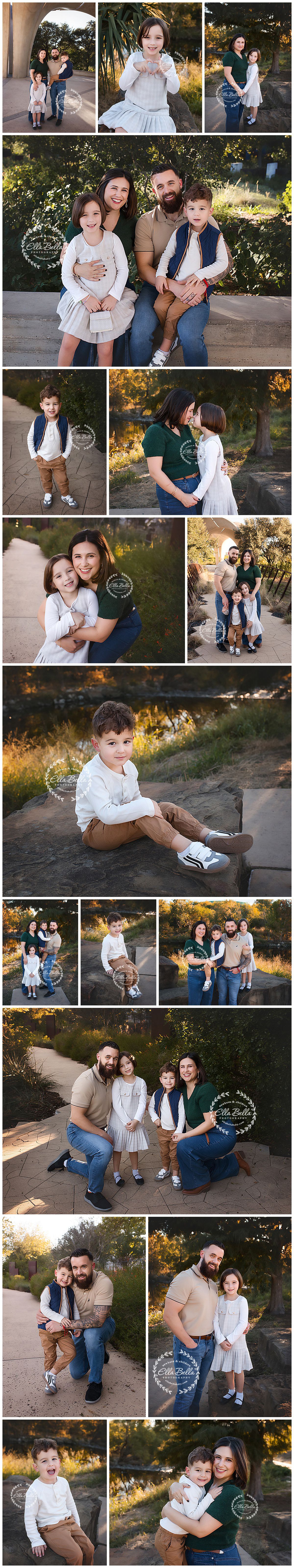 Family photo session at sunset featuring casual outfits in white and earth tones against a natural outdoor backdrop.