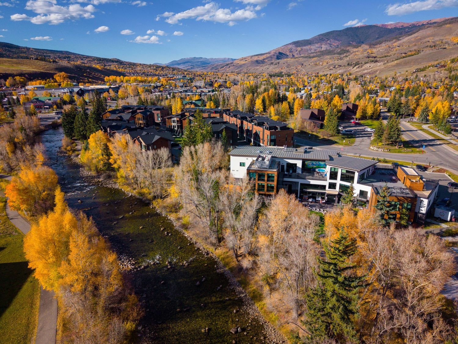 Aerial/Drone Fall photo of The Block - Silverthorne by Hospitality, Travel & Tourism photographer Captain Colorado Photography.