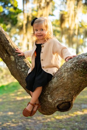 A sequence showing a child sitting and playing on a large tree branch in dappled sunlight.