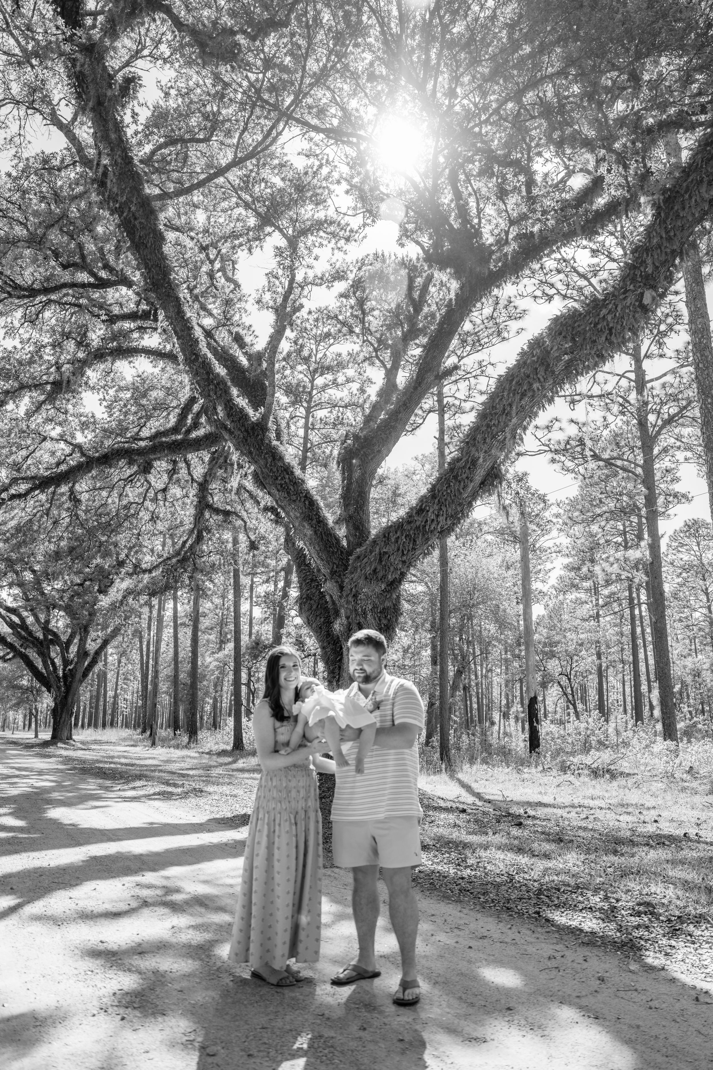 Black and white family portrait under large oak tree in forest, parents holding baby on sunny dirt path.