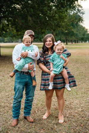 A playful sequence of family photos taken outdoors showing joyful interactions in coordinated blue and plaid outfits.