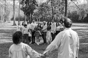 A series of black and white photos showing people gathering outdoors in formal attire during a social event.