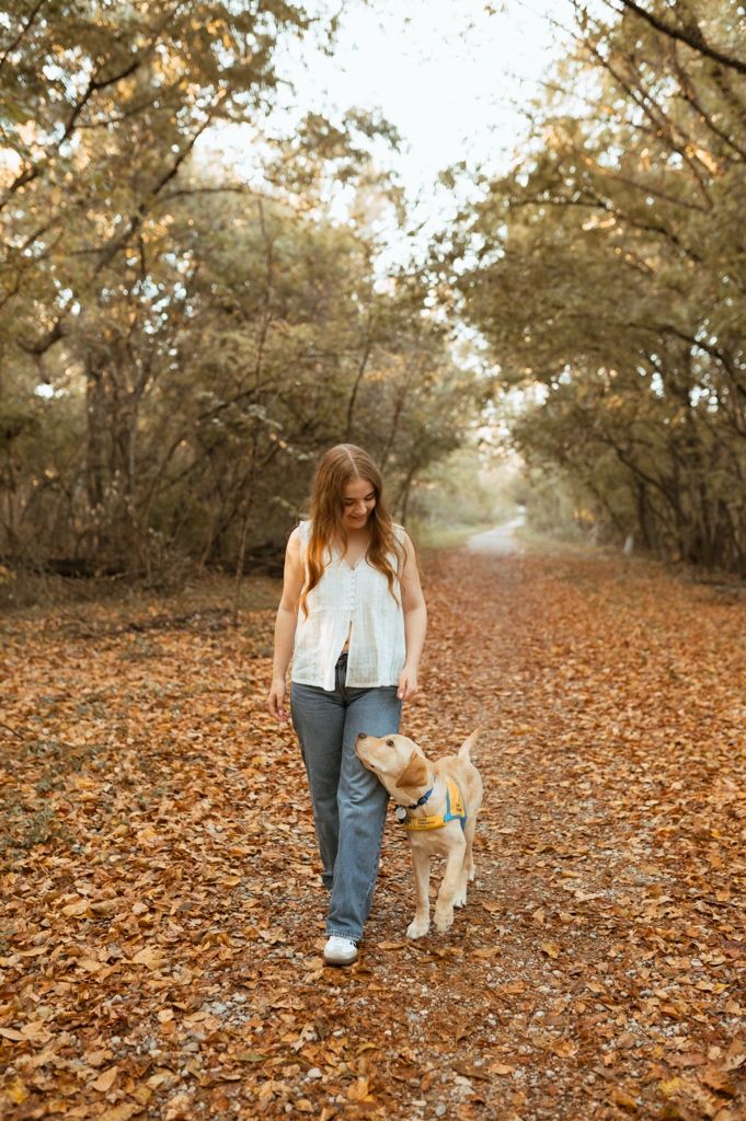 Person walking with a golden retriever puppy through autumn leaves on a wooded path.