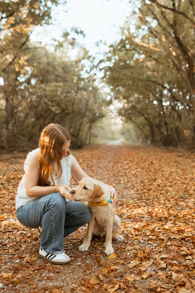 A person in jeans sits with a yellow Labrador puppy on fallen autumn leaves in a wooded setting.