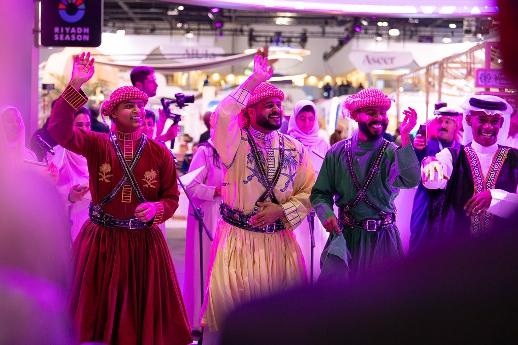Dancers and performers performing at the Saudi Arabia exhibit at the WTM conference and event at the ExCel in London.