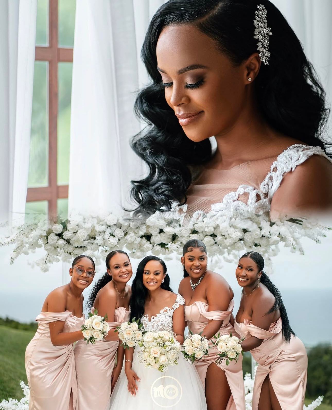 Bridesmaids in blush pink dresses pose together with white floral bouquets against a light curtain backdrop.