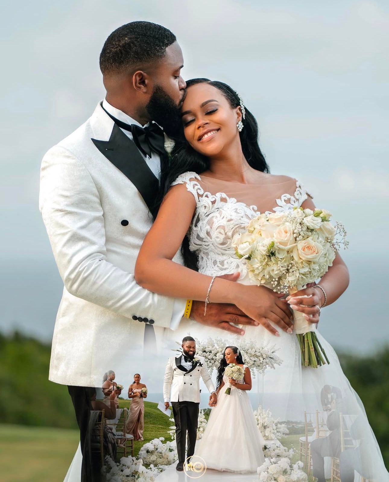 Romantic wedding moments captured outdoors with elegant white floral arrangements.