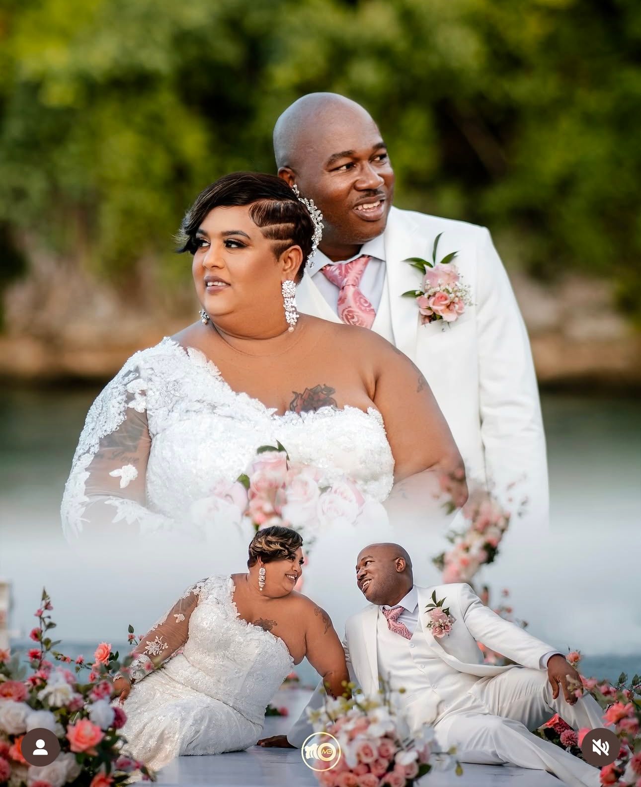 Romantic wedding photoshoot by the water with pink floral arrangements.